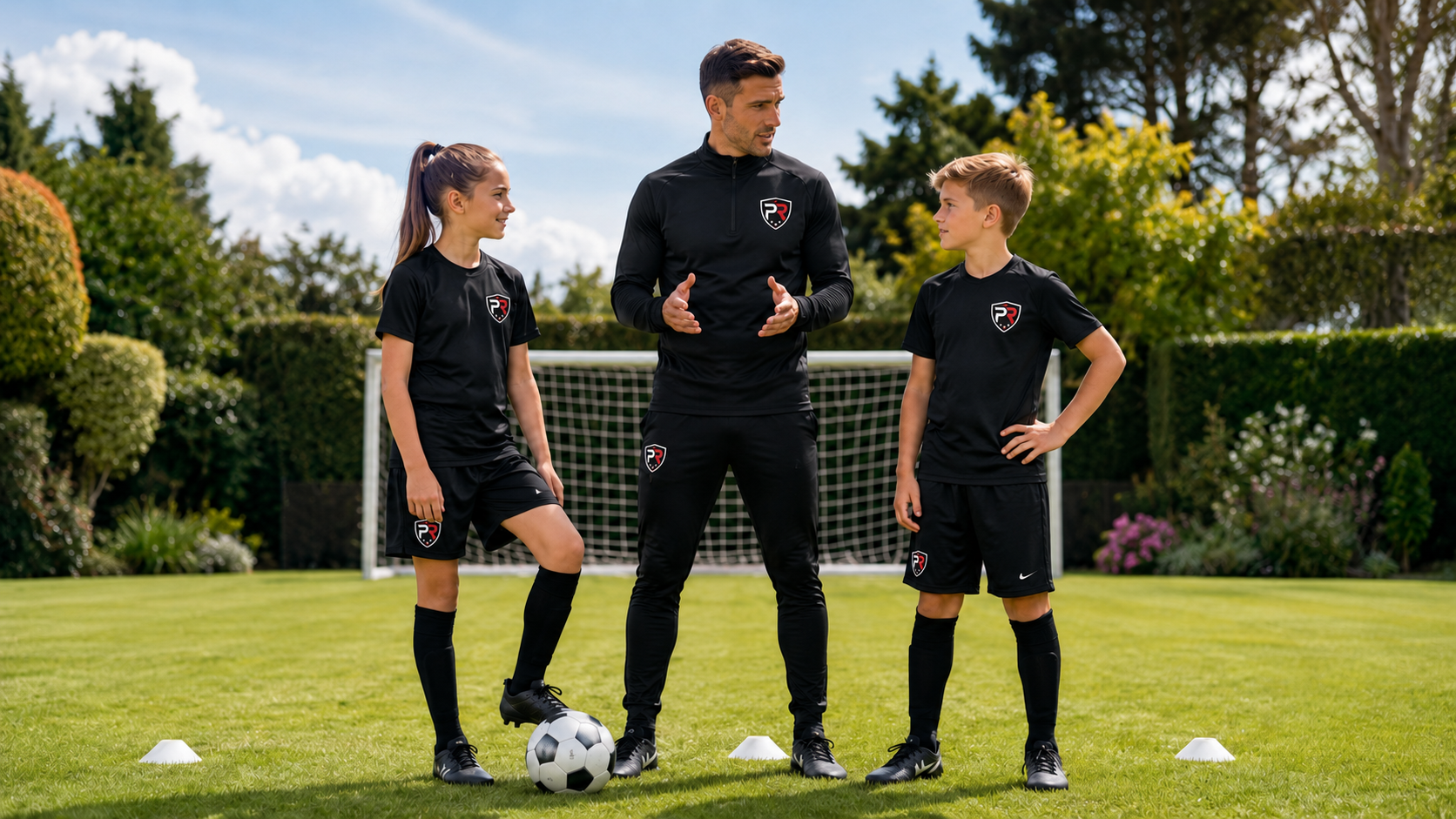 Pitch Ready Football coach and players wearing branded training kit