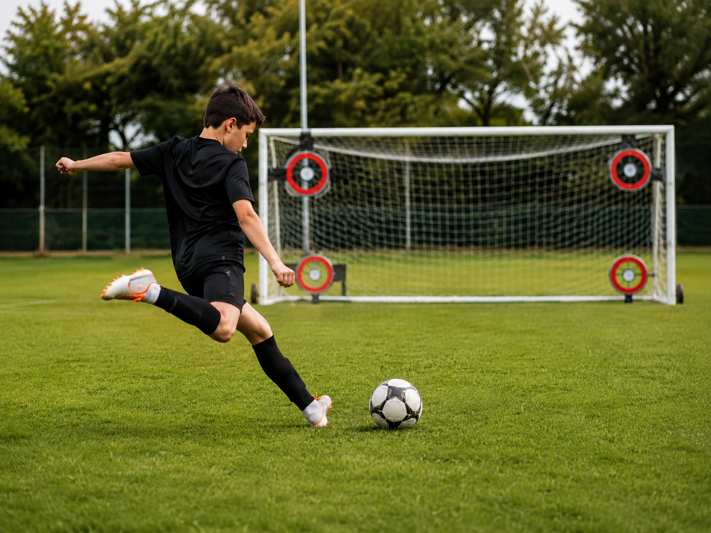 Young player shooting into goal corners with targets