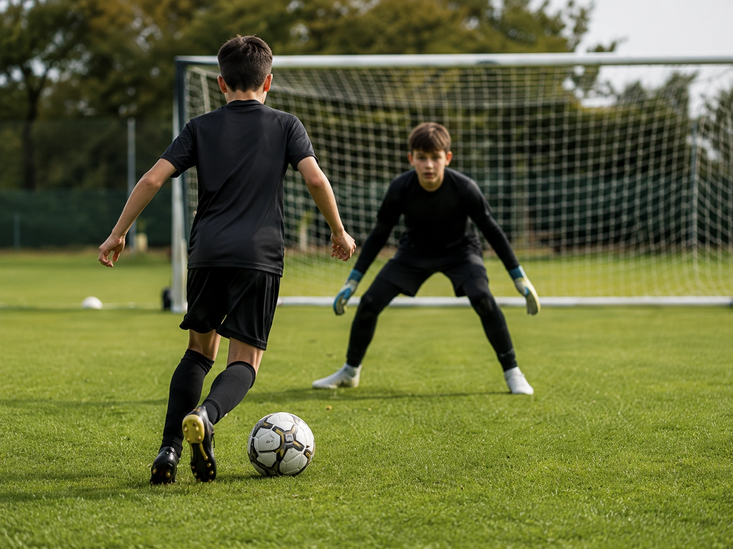 Young player one-on-one with goalkeeper