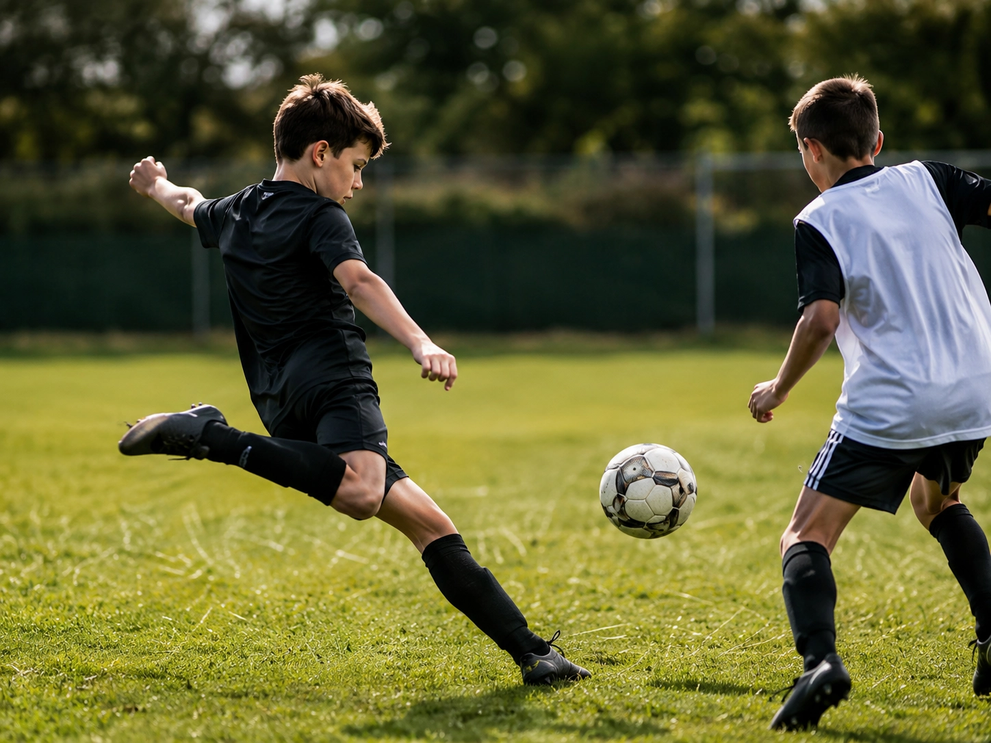Young player striking a first-time shot under pressure