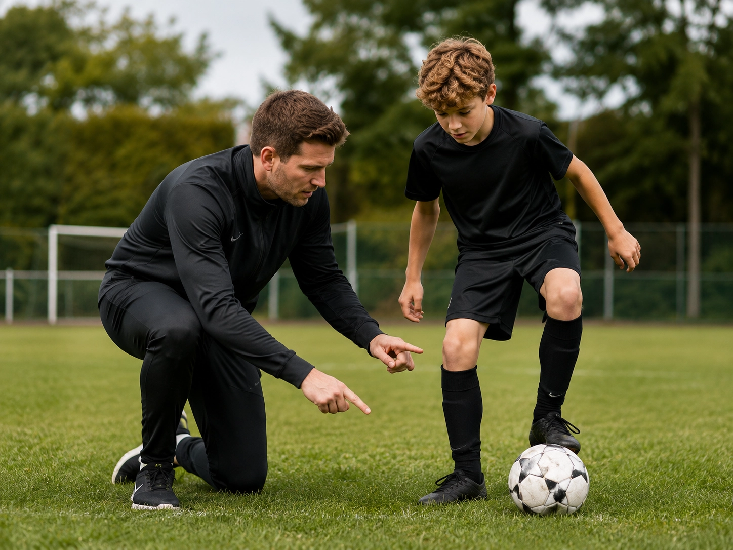 Coach demonstrating shooting technique with young player