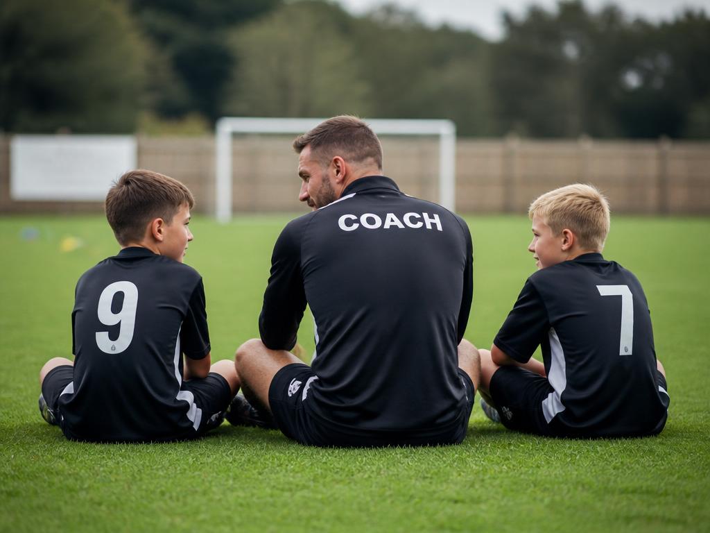 Football coach sitting with young players in a supportive training session